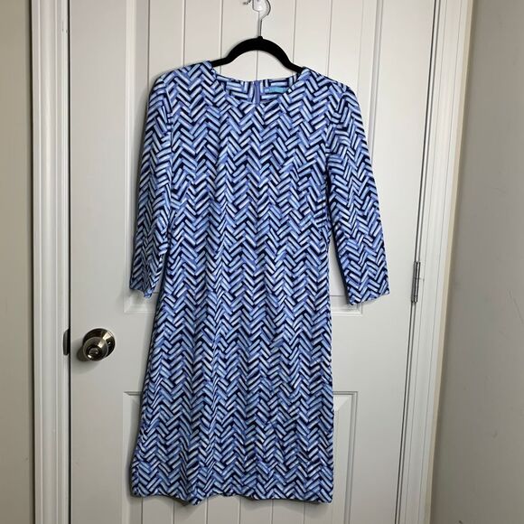 J. McLaughlin Blue Chevron‎ catalina cloth Sheath Dress 3/4 Sleeve Work Small - Picture 1 of 4